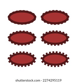 Achterbahnformen mit roten, ovalen Kanten. Eine Gruppe von 6 Ovalen mit eingekerbten Außenkanten. Einzeln auf weißem Hintergrund.