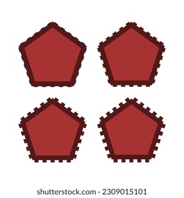 Notch edge red pentagon stroke shapes. A group of 4 pentagons with notched outside edges. Isolated on a white background.