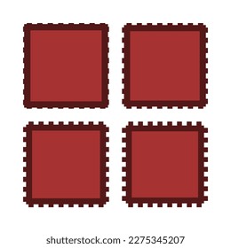 Notch edge red square stroke shapes. A group of 4 squared symbols with notched edges. Isolated on a white background.