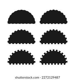 Notch edge semicircle shapes icon set. A group of 6 half-circle shapes with notched edges. Isolated on a white background.