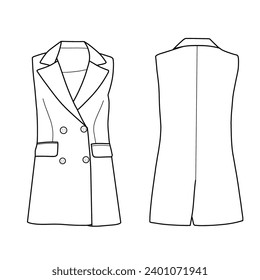 Notch lapelled vest sleeveless with button-up closure and pockets. Outerwear vest sleeveless technical fashion illustration. Flat template front and b