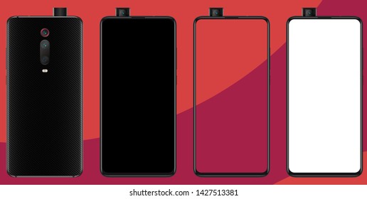 Notch less smartphone mockup. Carbon fiber rear panel. Sliding front camera. Blank, transparent and white screen. Vector illustration EPS10.