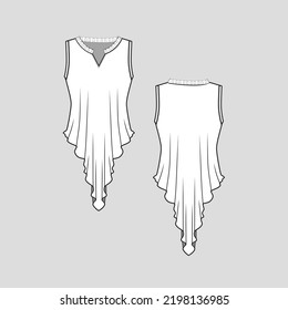 Notch Neck Frill Ruffles Hem Top Sleeveless Ruffles Fashion Design Cad Technical Drawing Template flat sketch Vector