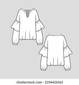 Notch neck Frill top ruffles bell long sleeve  blouse  mock up cad Fashion design technical drawing template