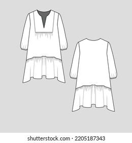 Notch Neck gathering ruffles hem dress Long Sleeve Fashion design drawing flat sketch cad template