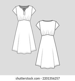 Notch Neck knotted dress short sleeve waist gathering knot neck Fashion flat sketch template vector