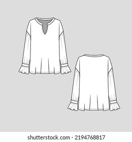 Notch neck Ruffles Sleeve top Drop Shoulder Gathering long Sleeve frill trim blouse Fashion design template  flat sketch cad  drawing