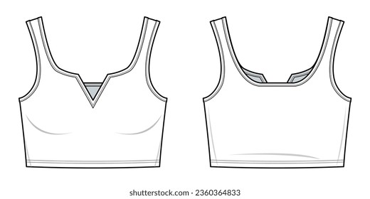 Notched Neck Trim Rib-knit Tank Top technical fashion illustration. Tank Top vector template illustration. front and back view. slim fit. crop top. women's. white color. CAD mockup set.