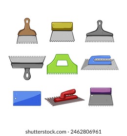 notched trowel set cartoon. adhesive mortar, installation masonry, spreader surface notched trowel sign. isolated symbol vector illustration