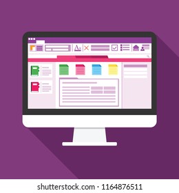 Note application software on Computer screen flat icon. business concept. office things for planning and accounting, analysis, audit, project management, marketing, research vector illustration