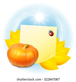 Note with autumn leaves and pumpkin. Label with place for text. EPS10 vector.
