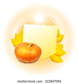 Note with autumn leaves and pumpkin. Label with place for text. EPS10 vector.