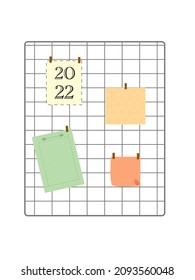 note board wire grid. four note papers. 2022 lettering, leaf pattern note paper, honeycomb pattern, tulip pattern note paper
