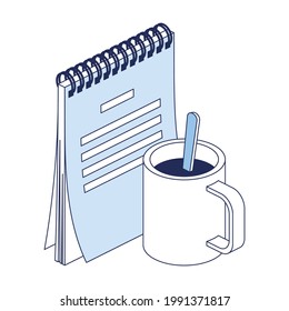 Note book, coffee mug. Vector 3d line isometric, color web icons, new flat style. Creative design idea and elements for infographics.
