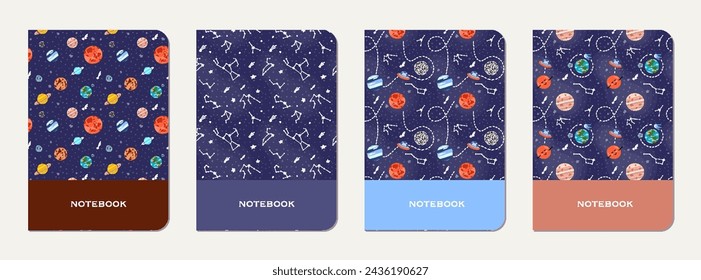 Note book cover design. Cosmic pattern for kids. Cute design for kids school notebooks and diaries. Hand drawn funny cosmic pattern.