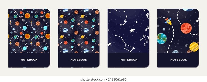 Note book cover design. Cosmic pattern for kids. Cute design for kids school notebooks and diaries. Hand drawn funny cosmic pattern.