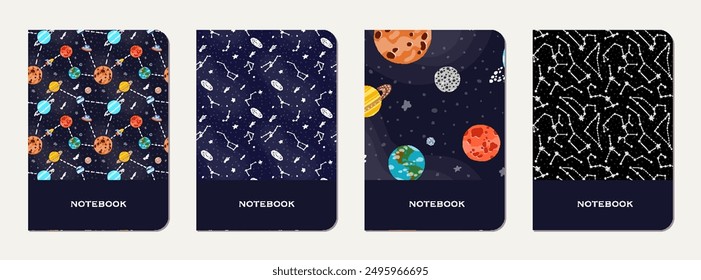 Note book cover design. Cosmic pattern for kids. Cute design for kids school notebooks and diaries. Hand drawn funny cosmic pattern.