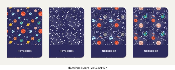 Note book cover design. Cosmic pattern for kids. Cute design for kids school notebooks and diaries. Hand drawn funny cosmic pattern.