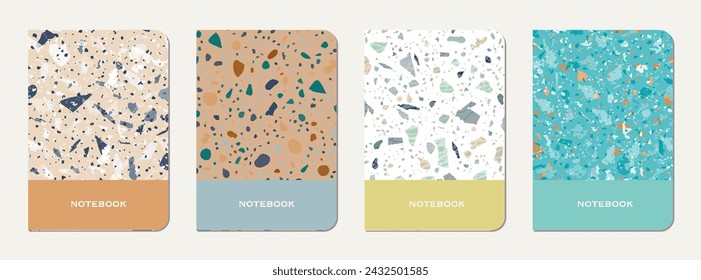 Note book cover design. Terrazzo abstract background made of natural stones, granite, quartz and marble. Venetian terrazzo texture note book template.