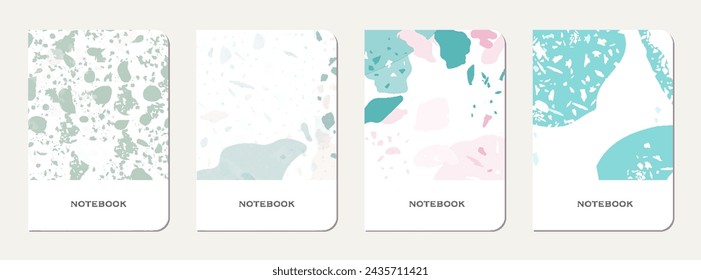 Note book cover design. Terrazzo abstract background made of natural stones, granite, quartz and marble. Venetian terrazzo texture note book template.