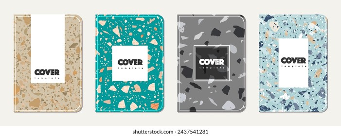Note book cover design. Terrazzo abstract background made of natural stones, granite, quartz and marble. Venetian terrazzo texture note book template.