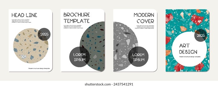 Note book cover design. Terrazzo abstract background made of natural stones, granite, quartz and marble. Venetian terrazzo texture note book template.