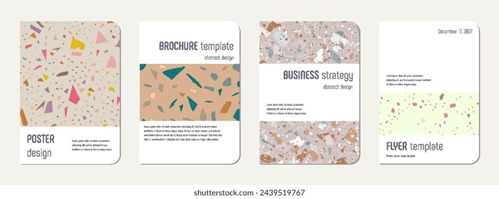 Note book cover design. Terrazzo abstract background made of natural stones, granite, quartz and marble. Venetian terrazzo texture note book template.