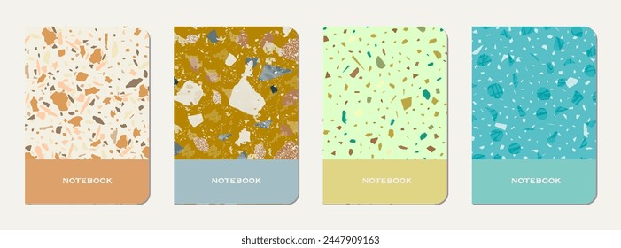Note book cover design. Terrazzo abstract background made of natural stones, granite, quartz and marble. Venetian terrazzo texture note book template.