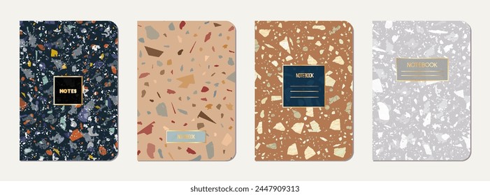 Note book cover design. Terrazzo abstract background made of natural stones, granite, quartz and marble. Venetian terrazzo texture note book template.