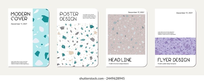 Note book cover design. Terrazzo abstract background made of natural stones, granite, quartz and marble. Venetian terrazzo texture note book template.