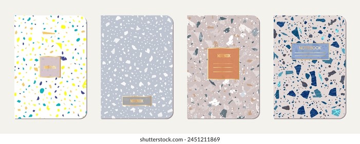 Note book cover design. Terrazzo abstract background made of natural stones, granite, quartz and marble. Venetian terrazzo texture note book template.