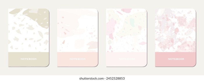 Diseño de portada de libro de notas. Fondo abstracto de terrazo hecho de piedras naturales, granito, cuarzo y mármol. Plantilla de libro de notas con textura de terrazo veneciano.