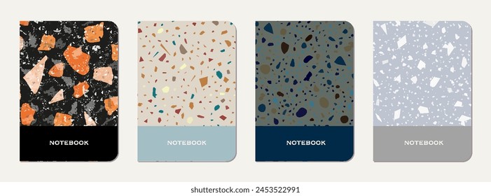 Note book cover design. Terrazzo abstract background made of natural stones, granite, quartz and marble. Venetian terrazzo texture note book template.