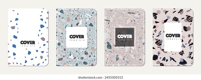 Diseño de portada de libro de notas. Fondo abstracto de terrazo hecho de piedras naturales, granito, cuarzo y mármol. Plantilla de libro de notas con textura de terrazo veneciano.