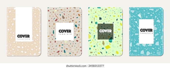 Notizbuch-Cover-Design. Terrazzo abstrakter Hintergrund aus Natursteinen, Granit, Quarz und Marmor. Venezianische Terrazzo Textur Notizbuch Vorlage.