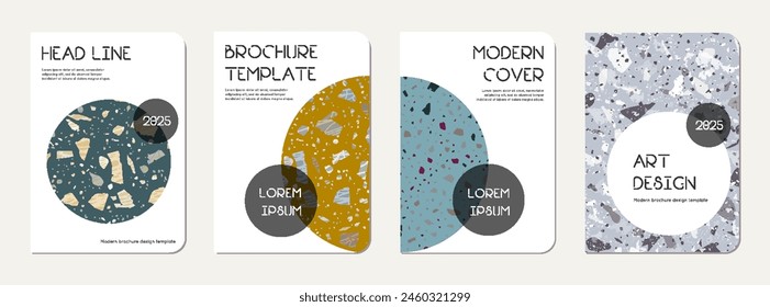 Note book cover design. Terrazzo abstract background made of natural stones, granite, quartz and marble. Venetian terrazzo texture note book template.
