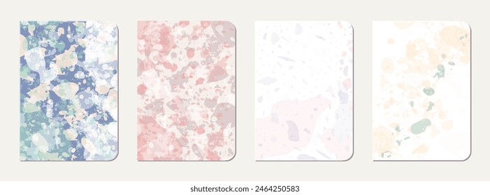 Note book cover design. Terrazzo abstract background made of natural stones, granite, quartz and marble. Venetian terrazzo texture note book template.