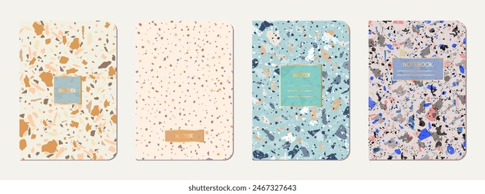 Note book cover design. Terrazzo abstract background made of natural stones, granite, quartz and marble. Venetian terrazzo texture note book template.