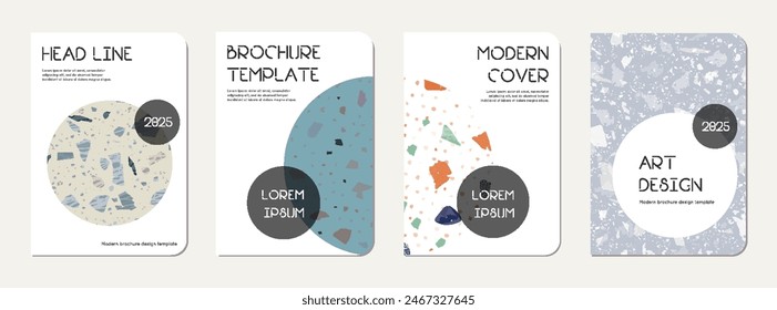 Note book cover design. Terrazzo abstract background made of natural stones, granite, quartz and marble. Venetian terrazzo texture note book template.