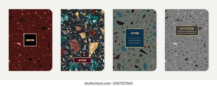 Note book cover design. Terrazzo abstract background made of natural stones, granite, quartz and marble. Venetian terrazzo texture note book template.