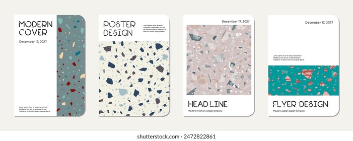 Notizbuch-Cover-Design. Terrazzo abstrakter Hintergrund aus Natursteinen, Granit, Quarz und Marmor. Venezianische Terrazzo Textur Notizbuch Vorlage.