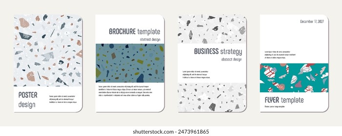 Notizbuch-Cover-Design. Terrazzo abstrakter Hintergrund aus Natursteinen, Granit, Quarz und Marmor. Venezianische Terrazzo Textur Notizbuch Vorlage.
