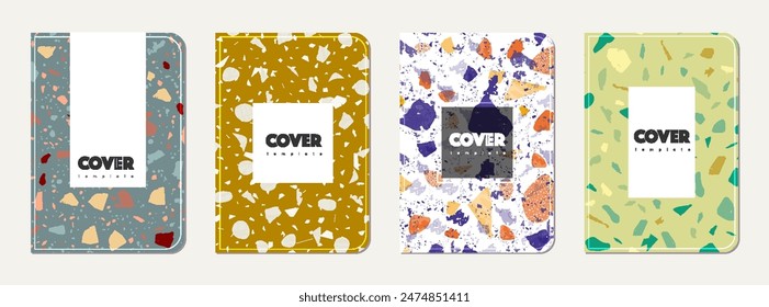 Note book cover design. Terrazzo abstract background made of natural stones, granite, quartz and marble. Venetian terrazzo texture note book template.