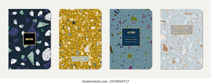 Note book cover design. Terrazzo abstract background made of natural stones, granite, quartz and marble. Venetian terrazzo texture note book template.