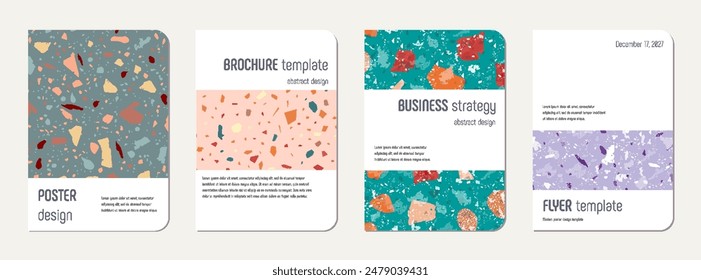 Note book cover design. Terrazzo abstract background made of natural stones, granite, quartz and marble. Venetian terrazzo texture note book template.