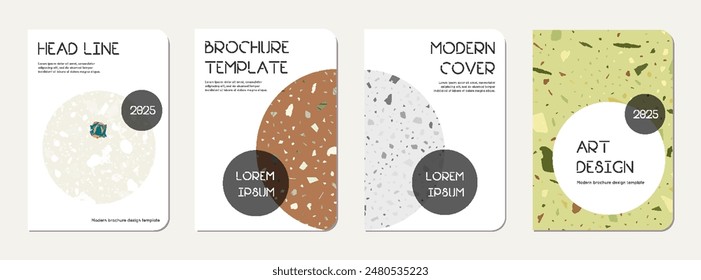 Note book cover design. Terrazzo abstract background made of natural stones, granite, quartz and marble. Venetian terrazzo texture note book template.