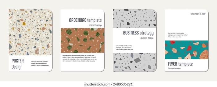 Diseño de portada de libro de notas. Fondo abstracto de terrazo hecho de piedras naturales, granito, cuarzo y mármol. Plantilla de libro de notas con textura de terrazo veneciano.