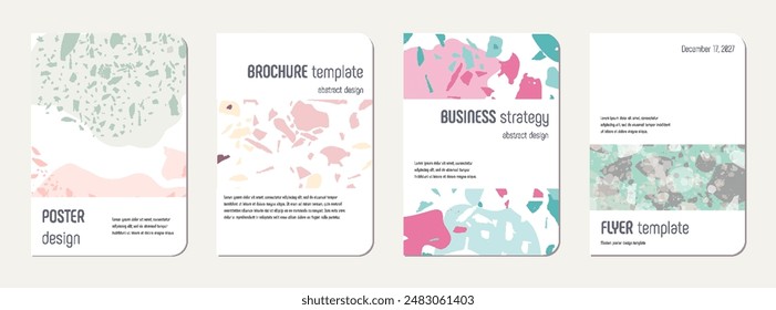 Note book cover design. Terrazzo abstract background made of natural stones, granite, quartz and marble. Venetian terrazzo texture note book template.