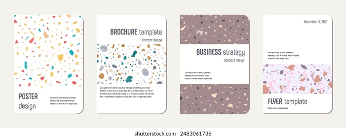 Note book cover design. Terrazzo abstract background made of natural stones, granite, quartz and marble. Venetian terrazzo texture note book template.