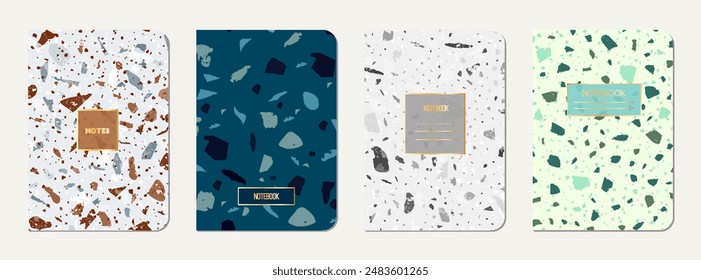 Diseño de portada de libro de notas. Fondo abstracto de terrazo hecho de piedras naturales, granito, cuarzo y mármol. Plantilla de libro de notas con textura de terrazo veneciano.